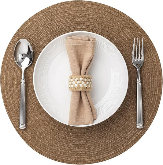 Round Placemats Set of 12 Woven Placemats Washable Braided Table Mats for Dining Table Heat Resistant Non-Slip Circle Place Mats(Brown)