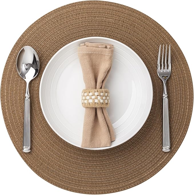 Round Placemats Set of 8 Woven Placemats Washable Braided Table Mats for Dining Table Heat Resistant Non-Slip Circle Place Mats(Brown)