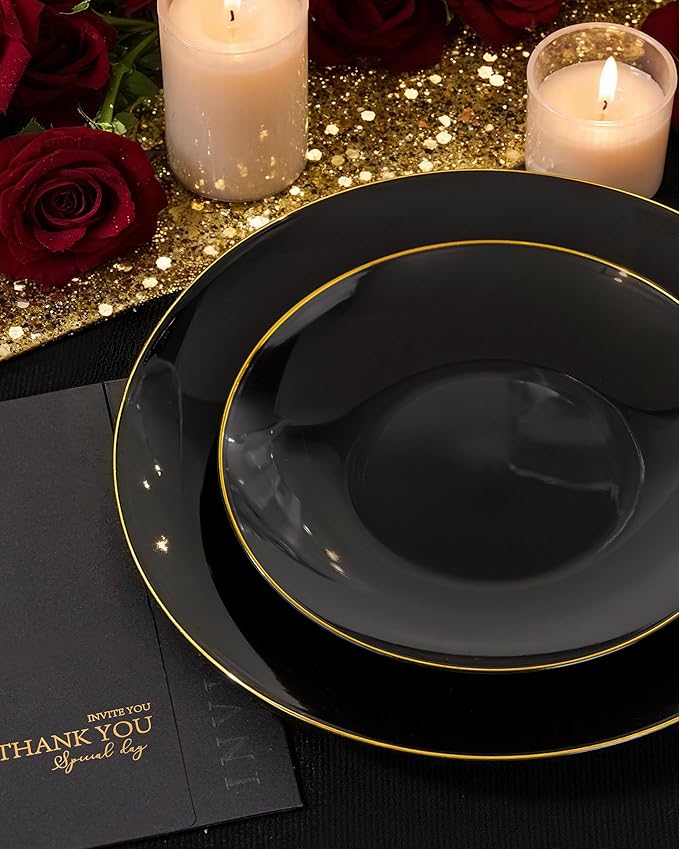Nervure 100 Pieces Black Plastic Plates - 7.5inch Black Dessert Plates - Disposable Gold Plastic Plate - Disposable Plate Ideal for Wedding & Party & New Year
