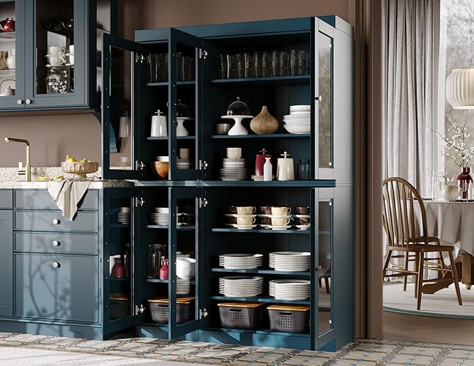 Palace Imports 100% Solid Wood 48.5" Pantry China Cabinet with Clear Glass Doors and Adjustable Shelves (Teal Blue)