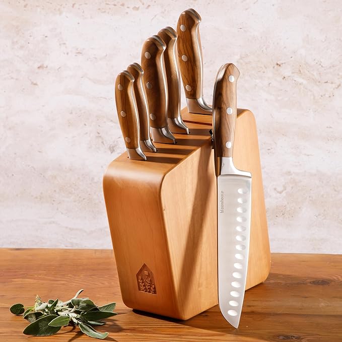 Bloomhouse - Two Time Oprah's Favorite Things Winner - 7 Piece Italian Olive Wood Kitchen Knife Block Set w/German Forged Stainless Steel Knives