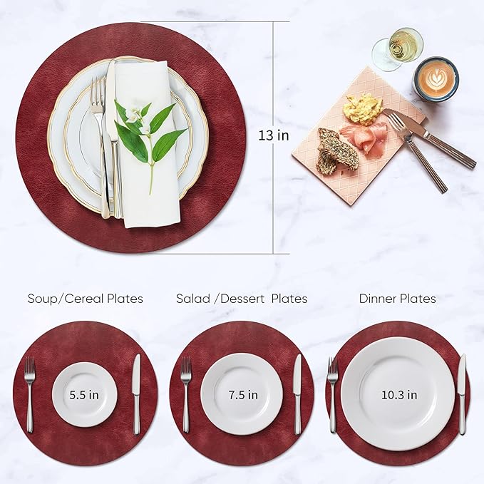 ADRIMER Placemats, Heat Resistant Round Placemats Set of 8 Washable, Waterproof Table Mats, Wipeable Faux Leather Place Mats for Kitchen, Dining Room, Wine Red