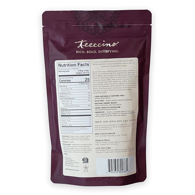 Teeccino Mocha Chicory Coffee Alternative, 1.1 Pound - Ground Herbal Coffee That?™s Prebiotic, Caffeine-Free & Acid Free, Medium Roast