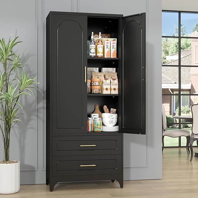 Metal Kitchen Pantry Storage Cabinet with 2 Drawers竊?5Inch Black Food Pantry Cabinets for Kitchen with 2 Adjustable Shelves竊똖all Storage Cupboard for Living Room, Dining Room Office