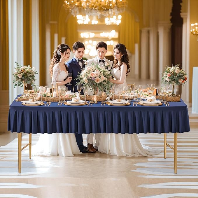 Wish Care 2 Pack Navy Blue Spandex Table Clothes for 8 Foot Rectangle Tables Wrinkle Free Fitted Stretch Fitted Tablecloths 8ft Pleated Ruffle Elastic Table Cover Skirt for Banquet Dining Home Party