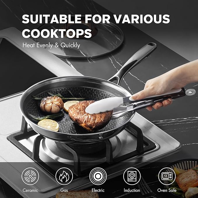 Hybrid Nonstick 10-Inch Frying Pan with Lid,Non Stick Frying Pan,PFAS PFOA PTFE Free,Stay-Cool Handle, Dishwasher-Friendly, Oven-Safe Up to 600째F, Induction Ready, Compatible with All Cooktops