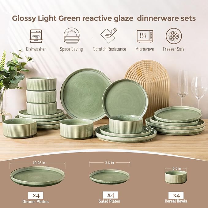 GBHOME Stoneware Dinnerware Sets for 4,Round Reactive Glaze Ceramic Plates and Bowls Set,Highly Scratch Resistant| Dishwasher & Microwave Safe Dishes Set,Service for 4(12Pcs)竊똋ight Green
