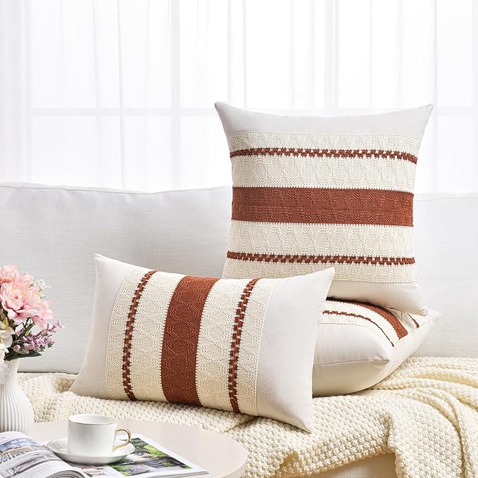 Fancy Homi Set of 2 Rust Boho Long Lumbar Decorative Throw Pillow Cover 14x24 Inch for Couch Bed Sofa, Aesthetic Modern Organic Fall Room Decor, Soft Cotton Cute Terracotta Farmhouse Cushion Case