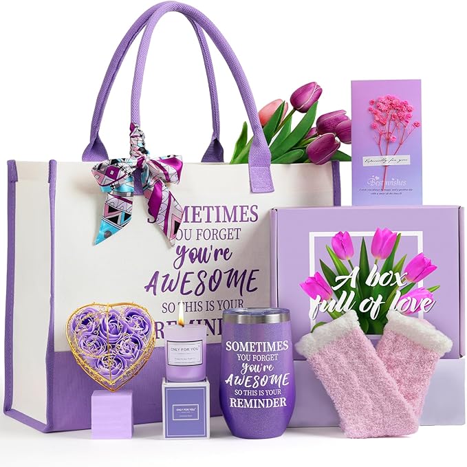 Christmas Gift baskets for Women, Christmas Gift Sets for Mom, Her, Wife, Girlfriend, Care Package for Women, Birthday Unique Gifts, Holiday Gifts Basket with Canvas Tote Bag Sock Tumbler Flower