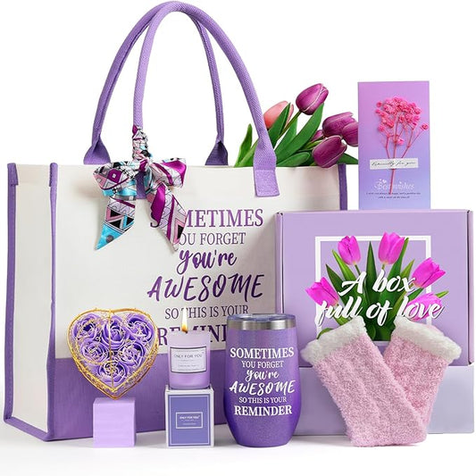 Christmas Gift baskets for Women, Christmas Gift Sets for Mom, Her, Wife, Girlfriend, Care Package for Women, Birthday Unique Gifts, Holiday Gifts Basket with Canvas Tote Bag Sock Tumbler Flower