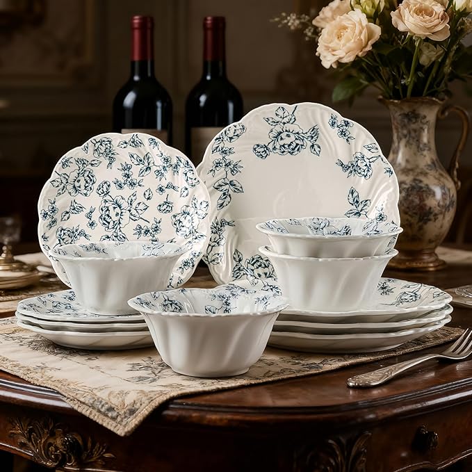 Ceramic Dinnerware Set 12-Piece Scalloped Edge Dish Set for 4 Vintage Blue Floral Elegant Kitchen Dinner Plates Bowls for Daily Use & Party Microwave & Dishwasher Safe (Blue)