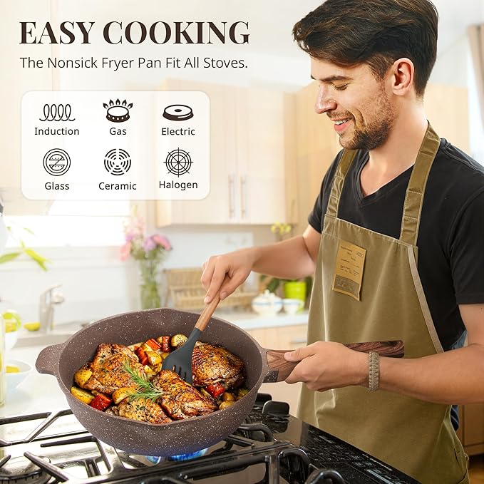 AOSION 11 Inch Nonstick Ceramic Deep Frying Pan Skille with Lid,5QT Saut챕 Pan for Cooking with Steam Rack,Healthy Large Skillet,Stay Cool Handle, Induction Compatible, PFOA & PFAS Free. (BROWN)