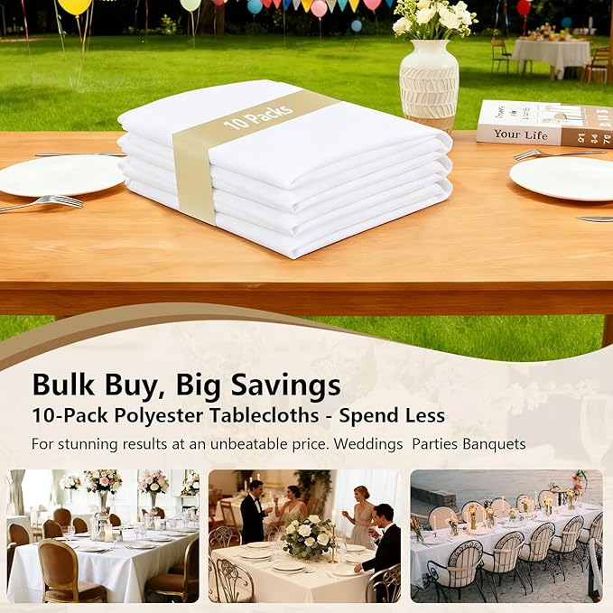 ITWMTTO 10-Pack White Tablecloths Rectangular 60x126 Inch - Heavy-Duty Polyester Fabric Table Cloth Rectangle Table Cover for Rectangle Tables - Reusable & Washable
