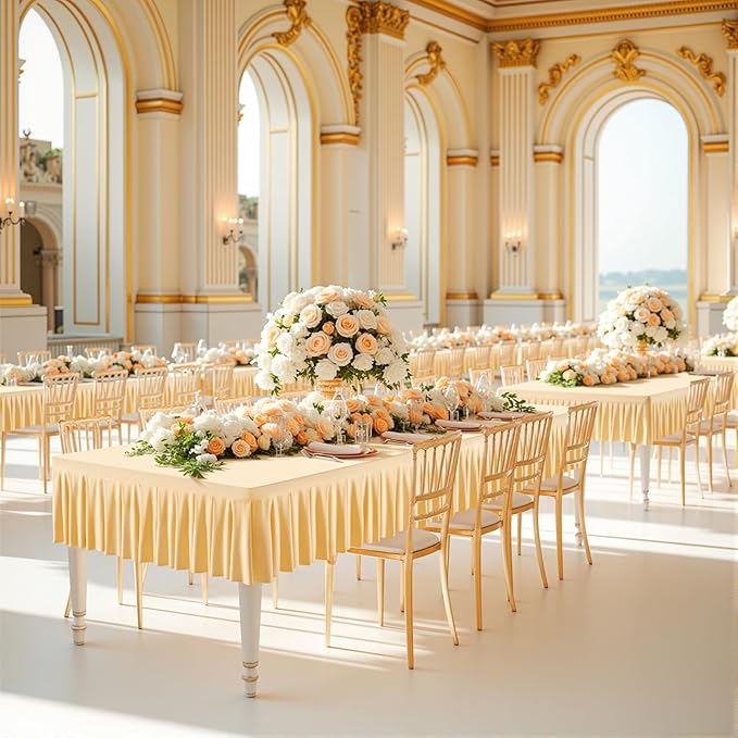 Wish Care Champagne Spandex Table Clothes for 8 Foot Rectangle Tables Wrinkle Free Stretch Fitted Tablecloths 8ft Pleated Ruffle Elastic Table Cover Skirt for Wedding Birthday Banquet Party Tablecloth