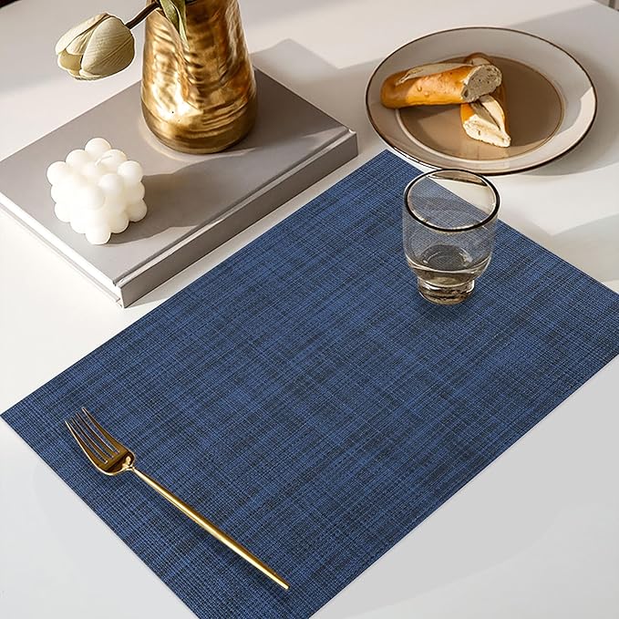 LANDVIEW Vinyl Placemats Set of 6, PVC Woven Washable Non-Slip Table Mats, Heat Resistant Wrinkle Free Place Mats for Dining Table, Easy to Clean (6, Navy Blue)