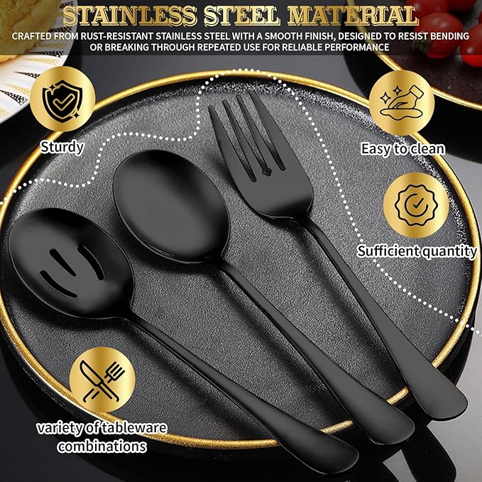 32Pcs Serving Utensils Set Serving Spoons, Buffet Tongs, Cake Spatula, Forks, Perforated Ladles, Soup Scoops, Skimmers and Black Heavy-Duty Serving Tongs (Black)