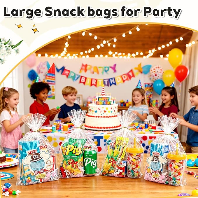 PigPotParty Cellophane Bags 12"x16", 50 Pack Clear Gift Bags, Bottom Gusset for Stand-Up Display, Medium Plastic Cellophane Gift Wrap, Ideal for Large Goodies, Treats, Favors, Mugs, Includes 50 Ties