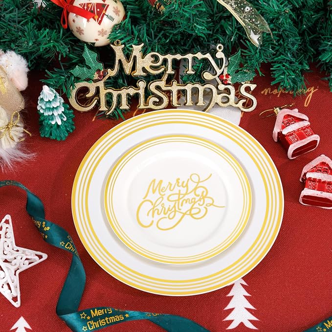 EI 60pcs Beige Disposable Plastic Dinner Plates with Gold Edge.Gold "Marry Christmas" Disposable Plate Heavy Industry Are Very Suitable for Christmas,New Year Parties,Family Dinners and Hotel Events.