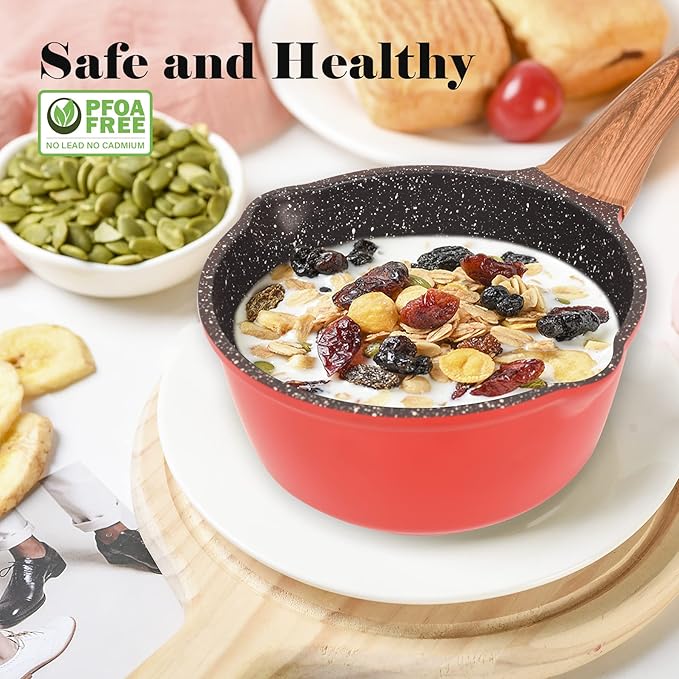 Nonstick Saucepan with Lid, 1.8 Quart Classic Red Granite Coated Pasta Soup Pot for All Stovetops, 7 Inch Small Sauce Pan for Cooking Sauce Soup and Milk