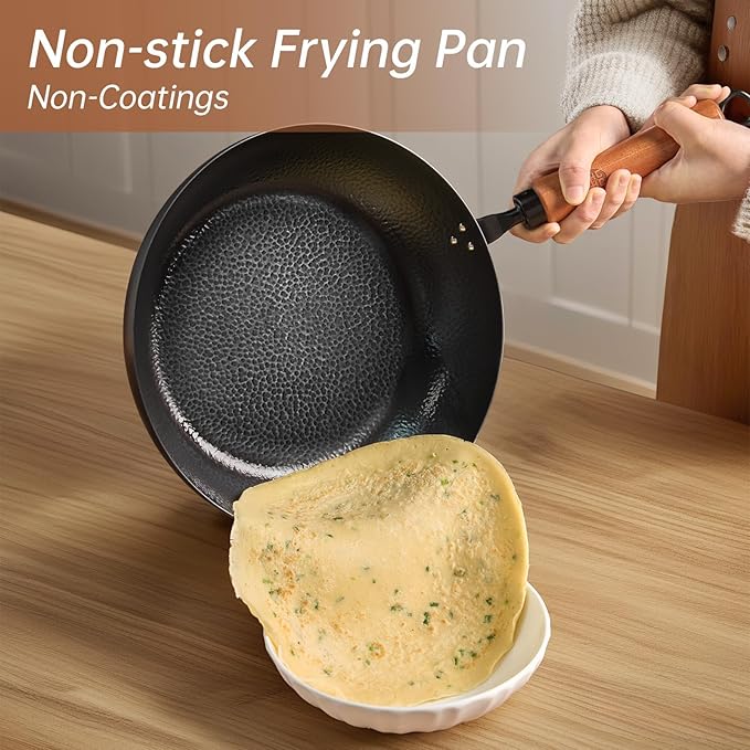 WANGYUANJI 11-Inch Carbon Steel Frying Pan with Beech Wooden Handle & Glass Lid - Physical Non-Stick, Non-Coating Skillet for Induction, Saut챕ing, Frying, Stir-Frying