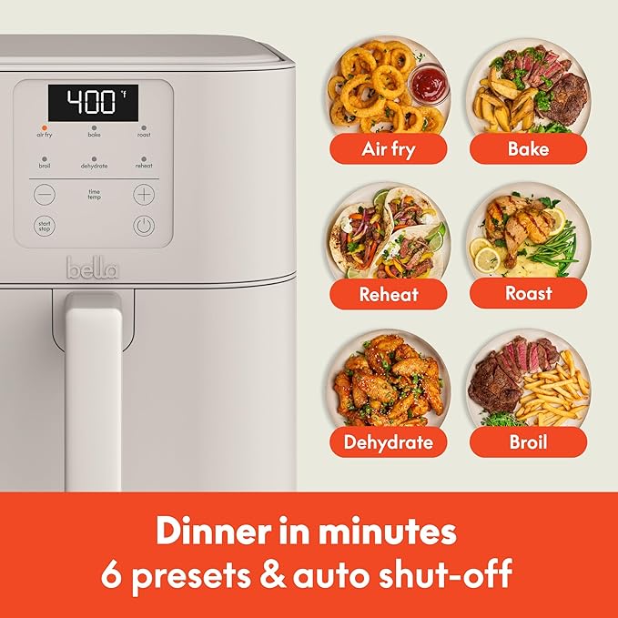 bella 6 Qt Slim Air Fryer, Fits-anywhere??Kitchenware, EverGood??Ceramic Nonstick Coating, Adjustable Temperature, 6 Preset Cooking Options, 60 Min Auto Shutoff w Audible Tone, 5lb Capacity, Oatmilk