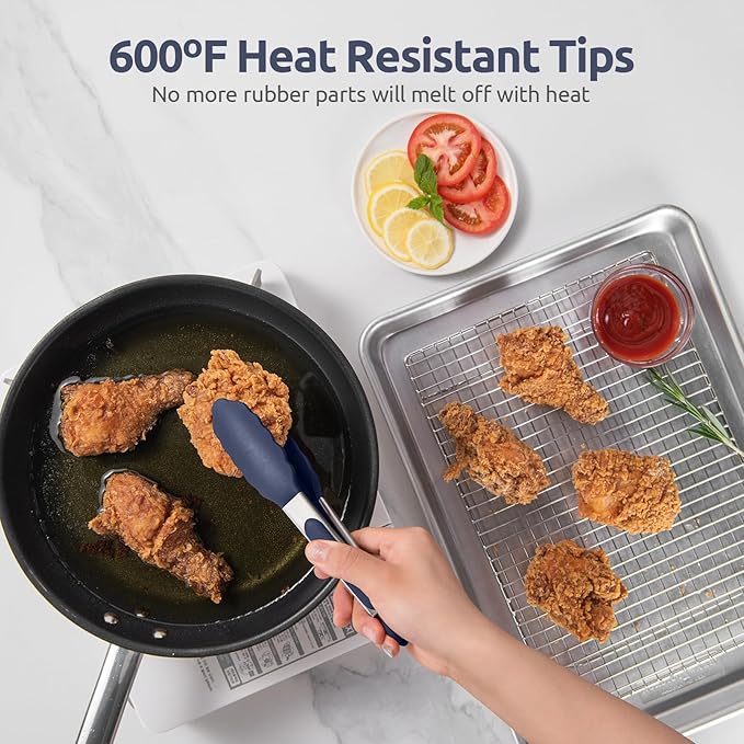 600쨘F Heat Proof Kitchen Tong: U-Taste 7" Silicone Cooking Tong with Firm Sealed Non Stick Rubber Tips & Silicon Coated 18/8 Stainless Steel Handle & Smooth Locking for Serving Salad (Midnight Blue)