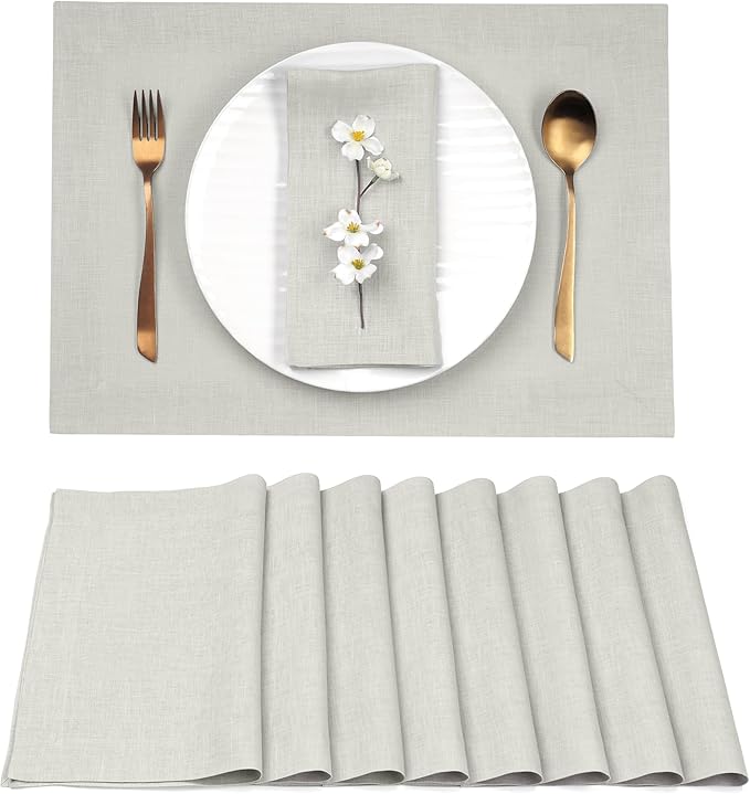 D'Moksha Homes Linen Placemats 14 x 19 Inch - Silver Grey Placemats Set of 8-100% Pure Linen Table Place Mats for Spring, Easter - Handcrafted and Machine Washable