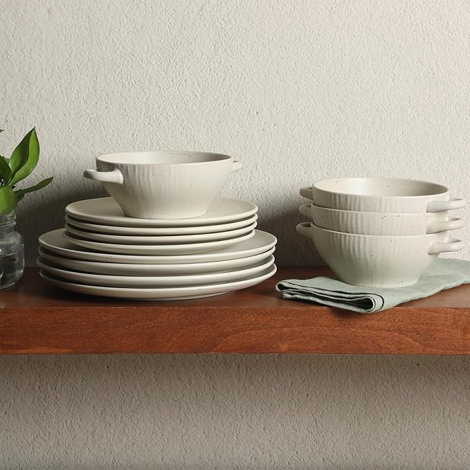 Gibson Elite Clover Hill 12-Piece Stoneware Dinnerware Set ??White Cream Embossed Plates and Bowls with Matte Speckled Reactive Glaze, Service for 4 ??Microwave & Dishwasher Safe