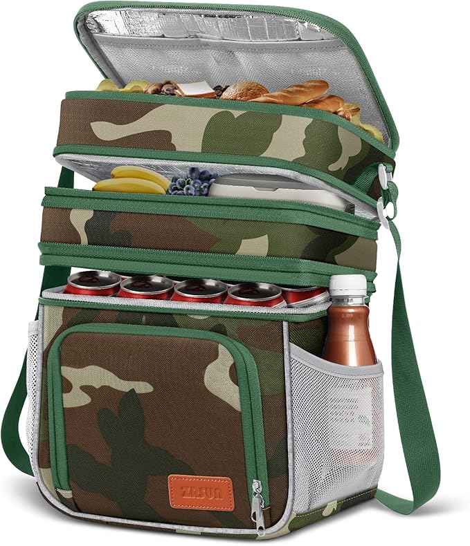 ZRSUN Insulated Lunch Bag for Women Men, Reusable 3 Layers Lunch Box Women, Expandable Reusable Water-resistant Lunch Box for Work Travel Office Picnic Hiking (Green Camo)