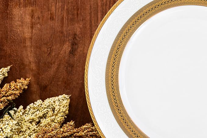 48 Piece Elegant Dinnerware Sets for 12 ??Porcelain Plates, Bowls ??White and Gold Rope Vintage Design Dishware for Kitchen Table, Formal Dining or Everyday Use (Rope Gold)