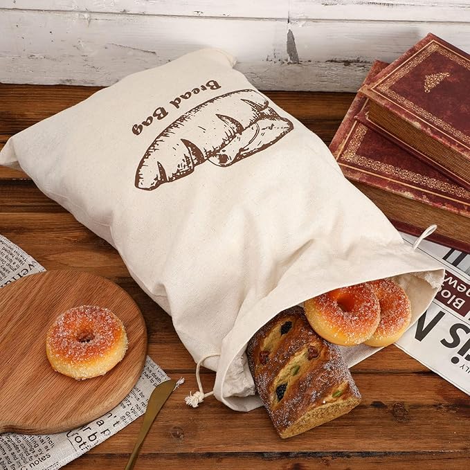Bread Bags, 2-Packs Linen Bread Bags for Homemade Container, 17.3횞11.6 Inches Unbleached&Reusable Loaf&Baguette Storage,Natural Large Storage for Artisan Roll,With 2 Pieces Bread Clips