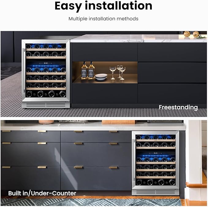 Yeego Wine Fridge Cooler - 24 Inch Dual Zone Wine Fridge Hold 52 Bottles, 40-65°F Wine Refrigerator Glass Door, Built in, Freestanding Under Counter Fridge for Beer Soda Drink Home Bar Office