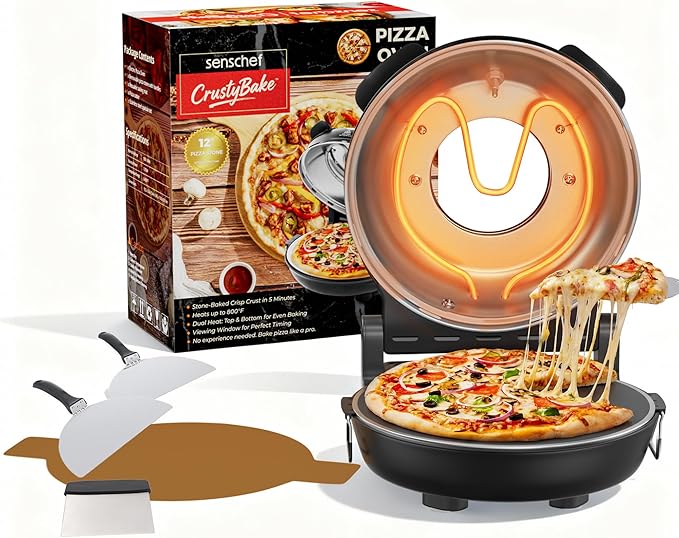 SEMSCHEF 12-Inch CrustyBake Beginner's Glazed Stone Pizza Oven: Quick 800째F Heating, Easy-Clean Design, Recipe Book & All Tools Included - Perfect for First-Time Pizza Makers at Home