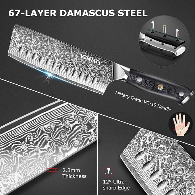 MOSFiATA 7'Nakiri Knife Damascus Professional Sharpe Chef Knife竊?Kitchen Knifed Damascus Steel VG-10 Blade with Ergonomic Handle Sharpener