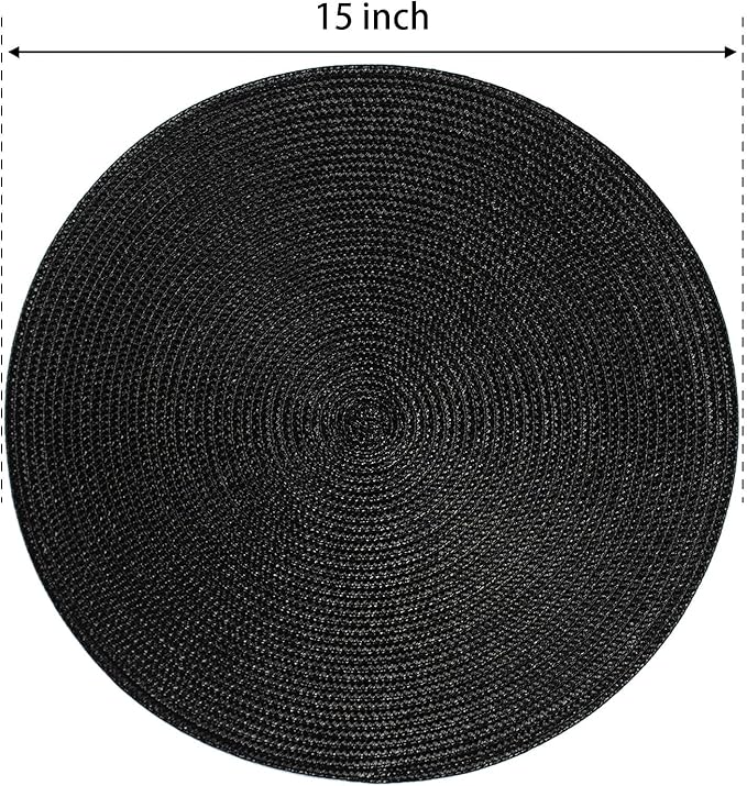 FunWheat Round Braided Placemats Set of 8 Place Mats for Dining Table Woven Washable Non-Slip Table Mats 15 Inch(Black,8pcs)