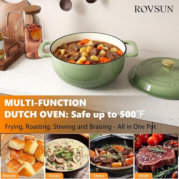 ROVSUN Enameled Cast Iron Round Dutch Oven, 6QT Pot with Lid &Dual Handles with Silicone Gloves,Oven Safe up to 500째F, Heavy-Duty Pre-Seasoned Cookware for Bread Baking, Braising, Stews, Roasting, Sage Green