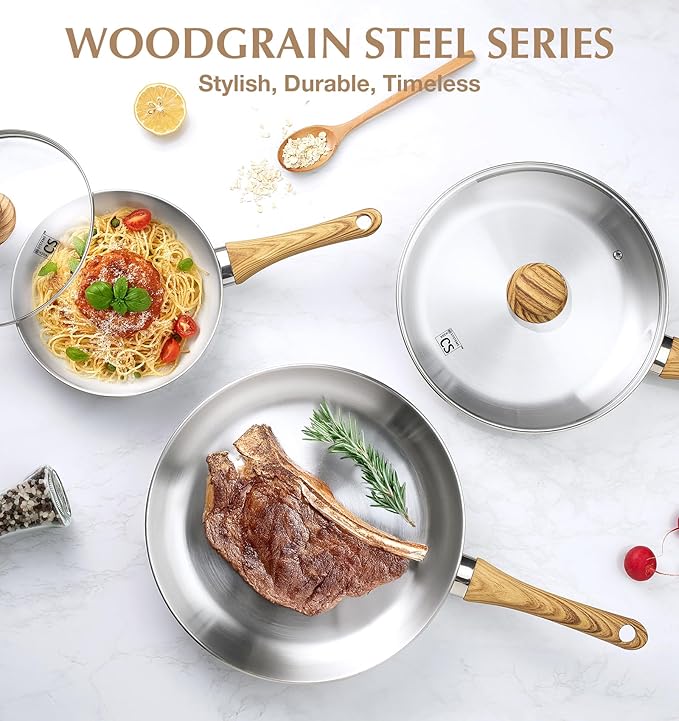 KOCH SYSTEME CS Stainless Steel Pan 12 Inch, Stainless Steel Frying Pan with Lid for Professional Cooking, PFAS-Free 12 Inch Skillet with Cool-Touch Bakelite Handle, Induction Compatible