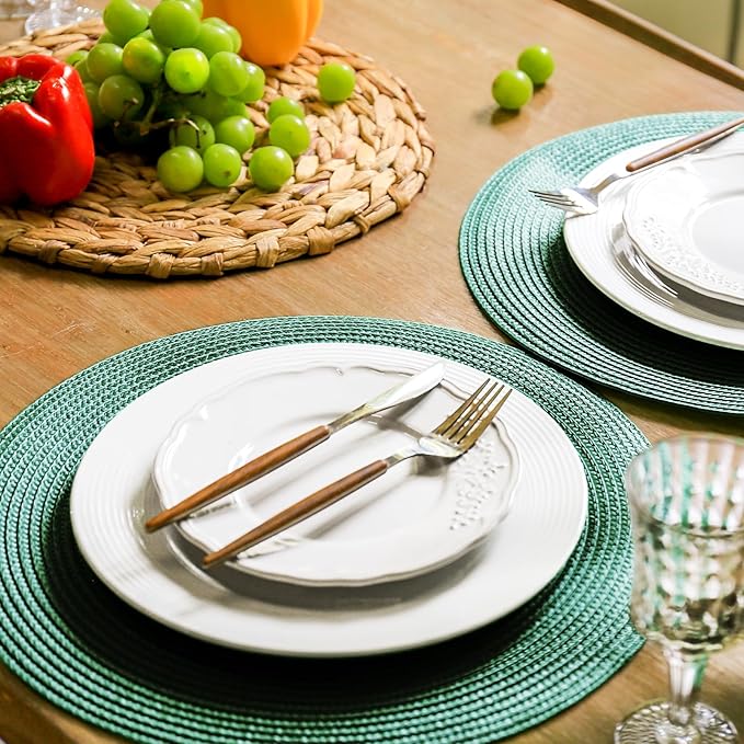 FunWheat Round Braided Placemats Set of 6 Table Mats for Dining Tables Woven Washable Non-Slip Place mats 15 inch(Black Green, 6pcs)