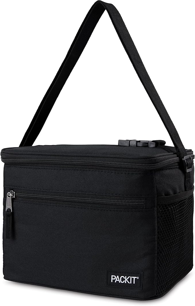 PackIt짰 Freezable Essential Cooler, Black, Built with EcoFreeze짰 Technology, Fully Freezable, Collapsible, Reusable, With Removable Crossbody Strap, Top Clip Handle, Designed for Fresh Office