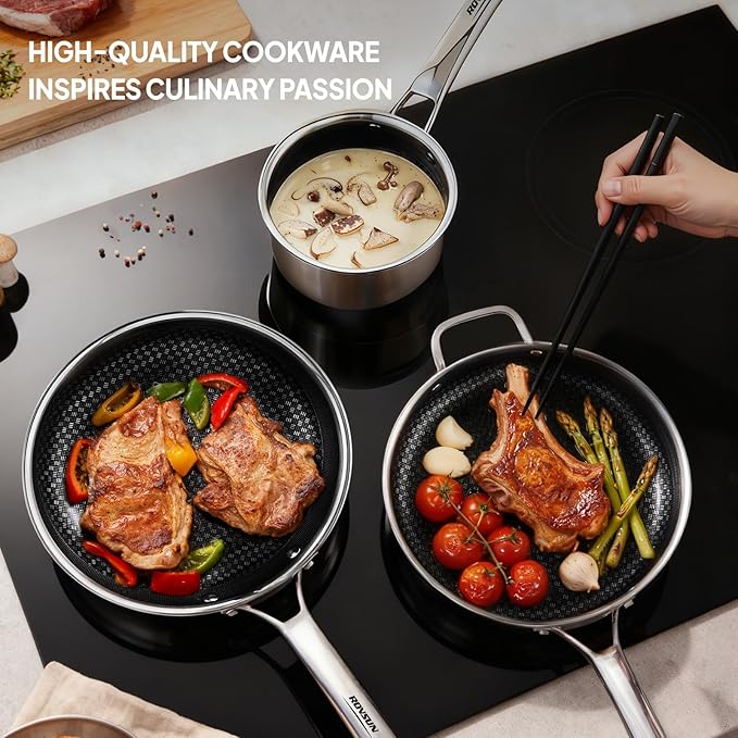 VINGLI 10 Pcs Non-Stick Cookware Set, Stainless Steel Pots and Pans Set with Lids, Non-Toxic Saute Sauce Pot, Soup Pot, Frying Pan, PFOA & PTFE Free, Compatible for All Cooktops
