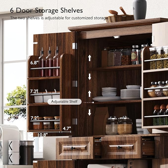 Ball & Cast 71?쿟all Farmhouse Kitchen Pantry Cabinet with 3 Pull Out Shelves & 2 Large Drawers,Versatile Pantry Storage Cabinet w/ 6 Door Shelf & Adjustable Shelves for Kitchen,Dining Room,Walnut