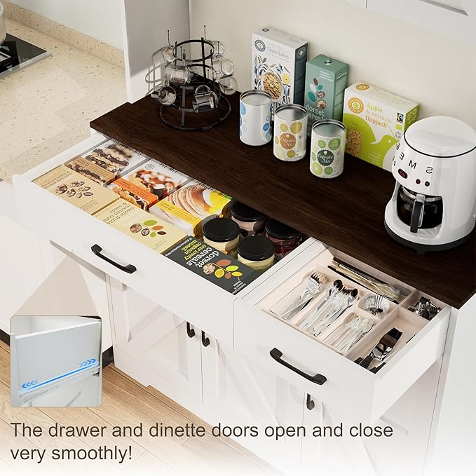 71" Pantry Cabinet with Charging Station, Kitchen Storage Cabinet with Microwave Stand, 8-Zone Organization, 2 Smooth-Glide Drawers, Open Countertop for Dining, Kitchen, Living Room (White)