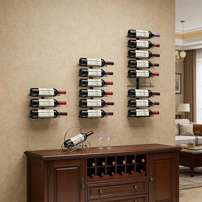 Modern Wall Mounted Wine Rack, Black Metal 9-Wine Bottle Holder for Wall Storage Display, Vertical Space Saving Design for Home Bar, Kitchen, Restaurant