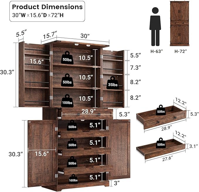 ELYKEN 72" Kitchen Pantry Storage Cabinet with Barn Doors, Pull Out Shelves & Drawer Organizer, Farmhouse Tall Kitchen Cupboard Cabinet, Wood Food Pantry for Kitchen Dining Room, Rustic Brown