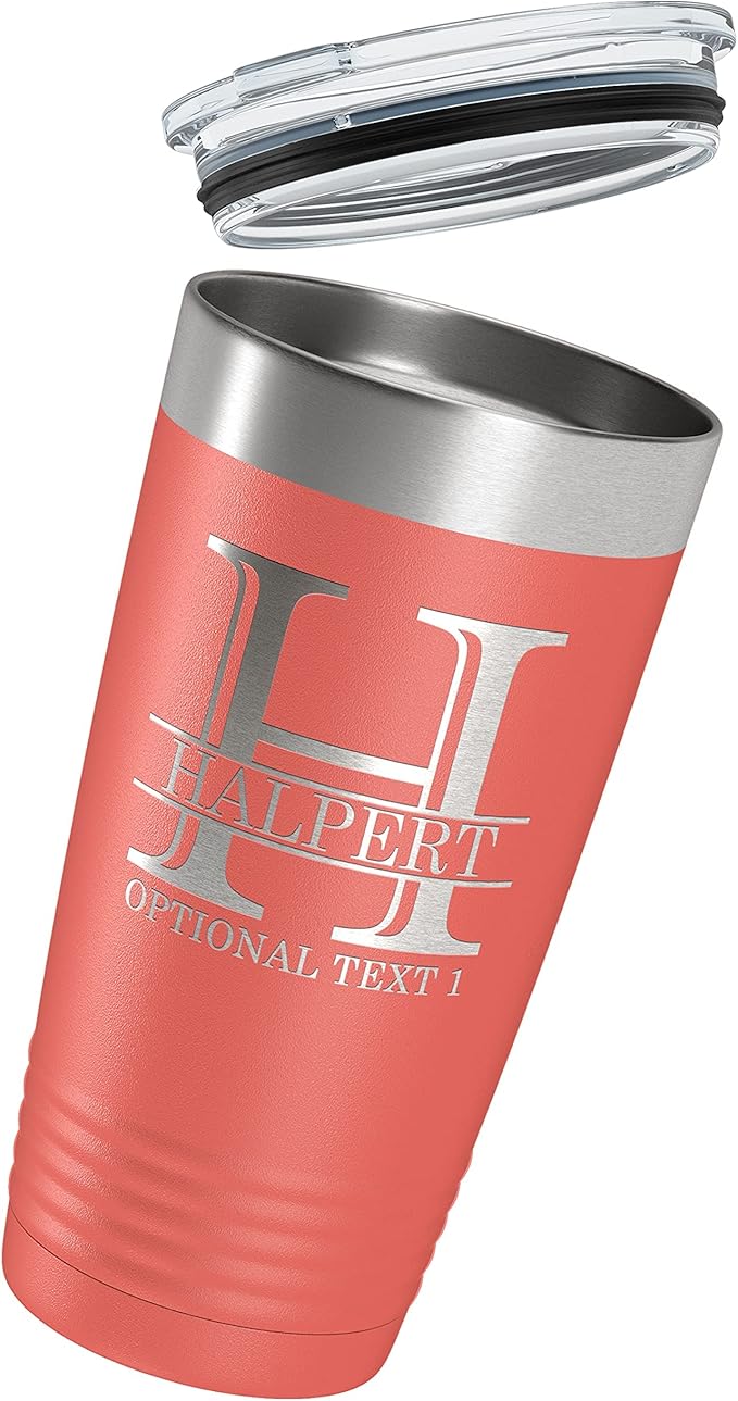 Personalized 20oz (17 Colors) Powder Coated Insulated Stainless Steel Tumbler with Lid, Custom Etched, Customized Engraved Gift Idea for Women Men Her Him, Halpert Monogram Initial Name (Coral)