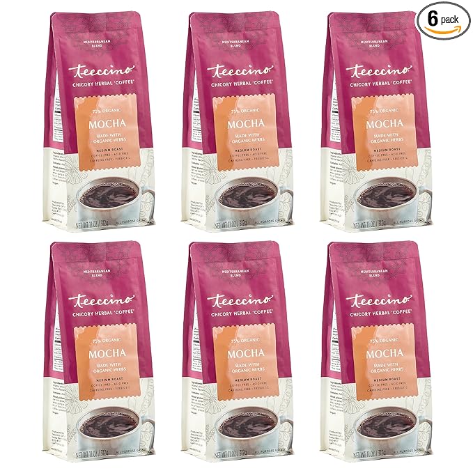 Teeccino Mocha Chicory Coffee Alternative - Ground Herbal Coffee That?™s Prebiotic, Caffeine-Free & Acid Free, Medium Roast, 11 Ounce (Pack of 6)