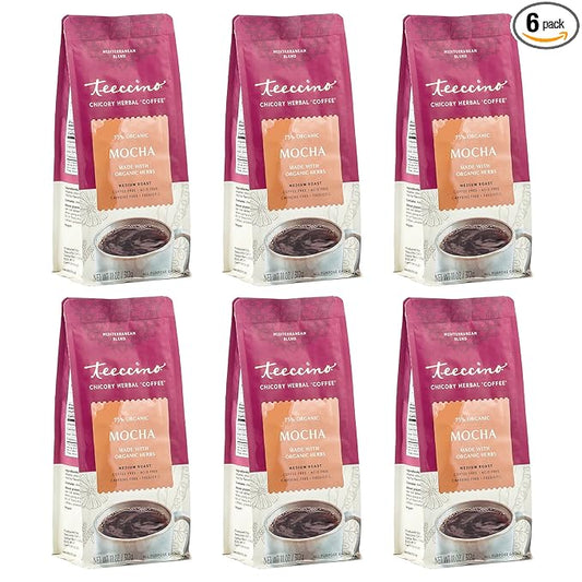 Teeccino Mocha Chicory Coffee Alternative - Ground Herbal Coffee That?™s Prebiotic, Caffeine-Free & Acid Free, Medium Roast, 11 Ounce (Pack of 6)