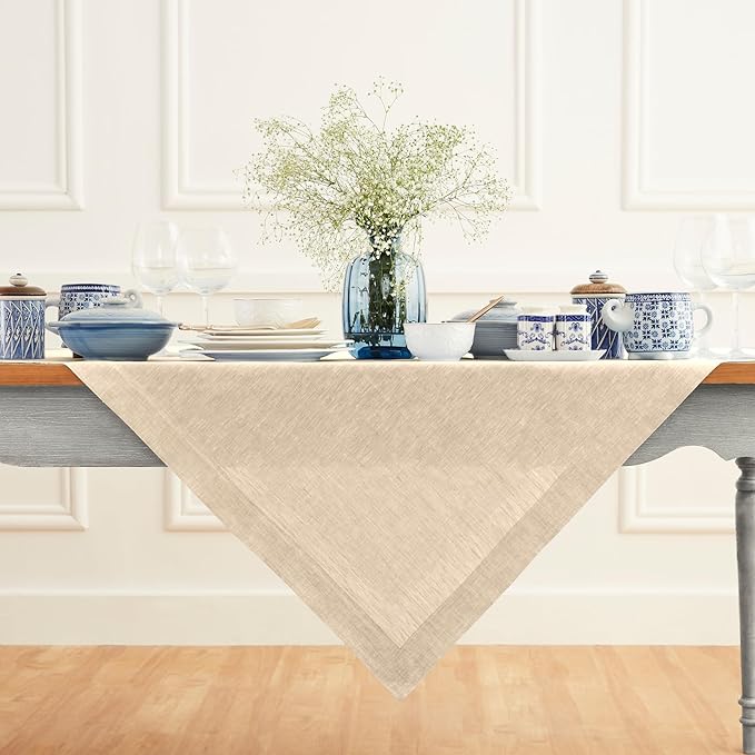 Solino Home Linen Cloth Tablecloth 52 x 52 Inch - 100% Pure Linen Champagne Beige Square Tablecloth - Athena, Machine Washable Table Throw for Spring, Easter