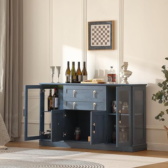 58.2'' Modern Sideboard Buffet Cabinet with Storage, Accent Coffee Bar Cabinet with 2 Glass Doors,Sideboard Credenza with Two Drawers and Adjustable Shelves,Blue