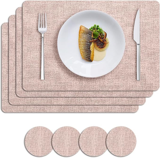 MOSAYT Faux Leather Placemats Set of 6, Heat Resistant Vinyl Place Mats with Coasters, Wipeable Washable Waterproof Oil Proof Table Mats for Kitchen Dining Indoor Outdoor, 12" x 17", Pink